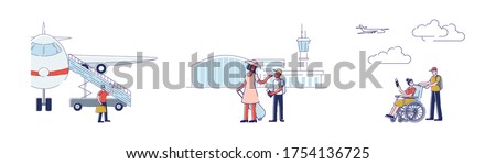 Set of plane passengers before boarding airplane. Cartoon travelers with passports and baggage waiting for departure. Family, disabled girl and young man tourists. Vector illustration