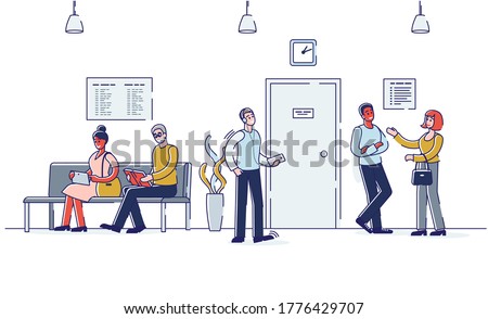 People in hallway sitting and standing wait for business meeting, job interview, doctor consultation. Waiting hall interior concept. Cartoon men and women appointment. Linear vector illustration