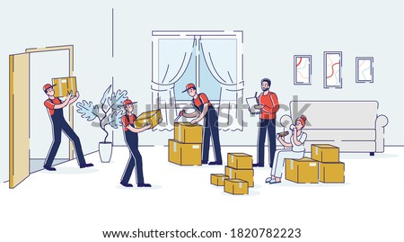 Loaders carry boxes in new home living room while house moving process. Delivery men and couriers uploading during relocation service. Cartoon linear vector illustration