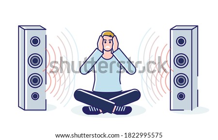 Man tired of loud music from loudspeakers covering ears with hands sitting on floor. Cartoon male character annoyed with high sound volume. Linear vector illustration