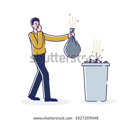 Man holding smelly bag of waste. Cartoon male character throwing stinky garbage in trash bin covering nose from bad smell. Linear vector illustration