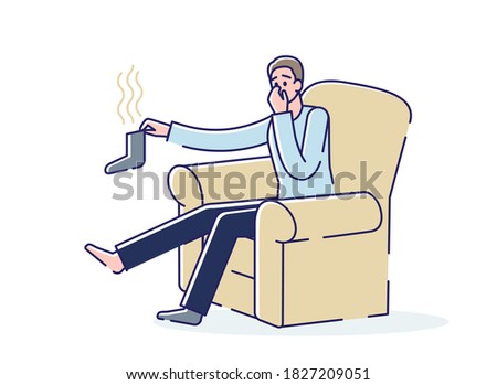Man taking off stinky smelly sock closing nose from bad smell with hand. Cartoon male character with bad foot odor at home sitting in armchair. Linear vector illustration
