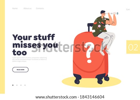 Airline service of finding lost baggage homepage for website template. Landing page design with male passenger sitting on luggage belt with suitcase. Flat vector illustration