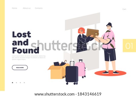 Lost and found office website landing page for service of finding and returning lost stuff. Cartoon people helping with things lost concept. Flat vector illustration