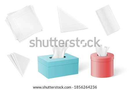 Set of paper napkins and tissues folded in different forms and inside of boxes. Realistic mock up templates isolated on white background with shadows. 3d vector illustration