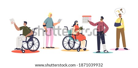 Disabled people waiting for disability allowance payments. Invalid men and women and financial insurance and support concept. Cartoon flat vector illustration