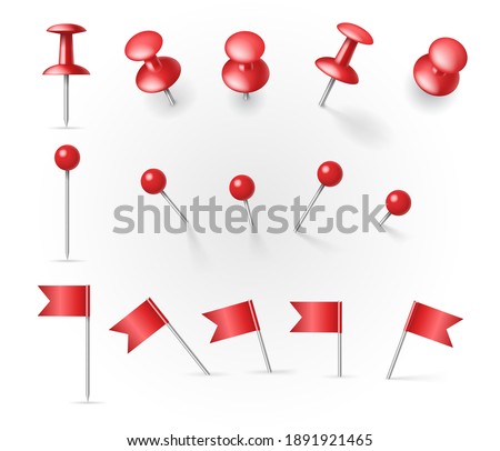 Set of realistic push pins and thumbtags with flags and buttons at different angles on white background. Red pins collection. 3d vector illustration