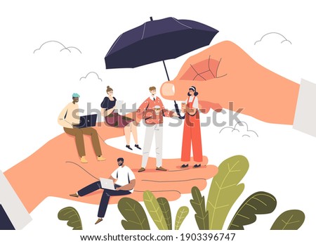 Boss hand holding tiny cartoon office workers with concept of employee care, well being working conditions and protection at workplace. Flat vector illustration