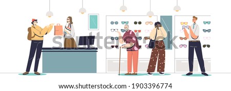 Optics store interior with people choosing and buying eyeglasses. Modern shop with glasses visitors trying eyeglasses with consultants. Cartoon flat vector illustration