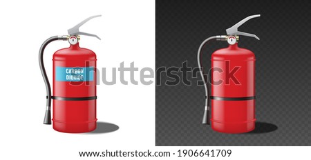 Carbon dioxide fire extinguisher, red realistic template mockup isolated. Portable fire extinguishing equipment. 3d vector illustration