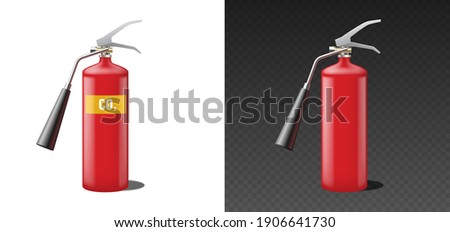 CO2 fire extinguisher with carbon dioxide label and blank, red realistic template mockup isolated. Portable fire extinguishing. 3d vector illustration