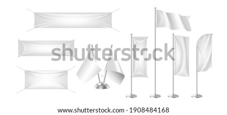 Set of realistic textile banners, posters and flags empty mockup isolated on white background. White flags template for advertising and promotion posters design. Vector illustration