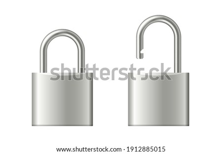 Metallic padlocks set. Steel silver closed and open padlock isolated on white background. Chrome locks template. Realistic 3d vector illustration.