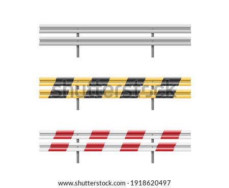 Metal road barriers set. Red, black, yellow and white traffic safety equipment. Metallic guarding rails isolated on white background. Roadside obstacles, 3d roadblocks. Vector illustration