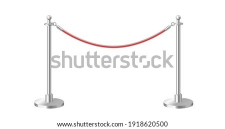 Control barrier with red rope on silver stanchions. Realistic 3d template element isolated. Exclusive event, movie premiere, gala, ceremony, awards concept. Vector illustration.