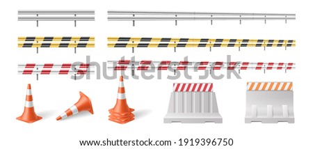 Set of road barriers and traffic blocks, protective fences for roadsigns and highways. Realistic street barricades and roadblocks isolated on white background. Vector illustration