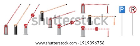Set of open and closed parking car barrier gate with stop and park signs isolated on white background. Street road stop border. 3d vector illustration