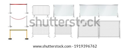 Set of portable fences: glass and metal barriers, belt and rope control isolated for protection and event entrance. 3d realistic vector illustration