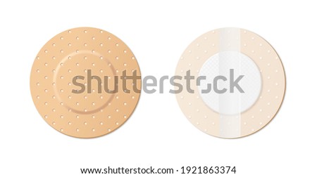 Medical patches round shape back and front view. Antiseptic band-aid isolated on white background. Adhesive bandage and plasters. 3d vector illustration