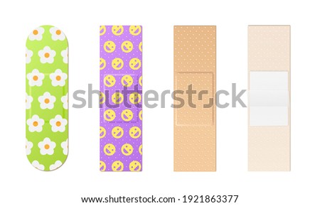 Adhesive bandage set. Elastic medical plasters and patches classic and colorful for kids front and back view isolated on white background.3d vector illustration