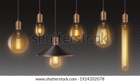 Realistic retro light bulbs set. Decorative vintage design edison lightbulbs of different shapes. Lamps in antique style with copper. 3d vector illustration