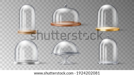 Set of realistic cake stand with glass domes cover on transparent background in 3d design. Kitchenware for desserts and pastry display. Vector illustration