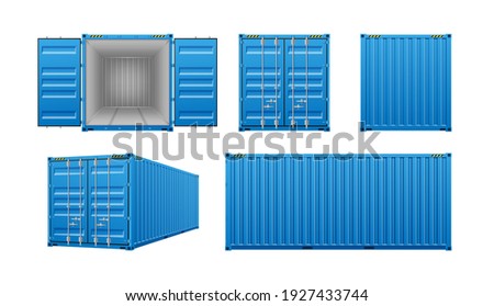 Realistic cargo containers, 3d templates set with different views isolated on white background. Shipping, transportation and delivery concept. Vector illustration 商業照片 © 