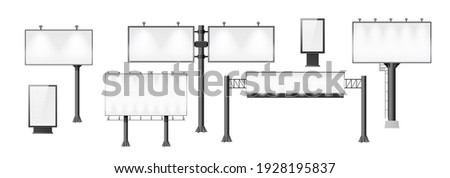 Billboards set. Different advertising mockup, blank signage empty construction for outdoor street advertisements. Vertical and horizontal banners. 3d vector illustration
