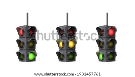 Modern realistic traffic lights set, 3d style. Road semaphores with red, yellow and green light isolated on white background. Vector illustration