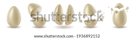 Realistic white chocolate eggs set. Broken, exploded eggshell, two halves and whole chicken egg. Sweet easter holiday symbol. 3d vector illustration
