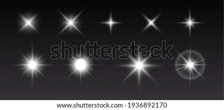 Sparkling stars, flickering and flashing lights. Collection of different light effects on black background. Realistic vector illustration