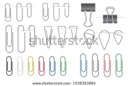 Set of metal paper clips isolated on white background attached to paper. Binders and holders for business documents and pages. Vector illustration