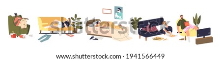 Set of cartoon characters relaxing during weekend at home sleeping, surfing internet and watching tv. Lazy weekend recreation concept. People having rest. Flat vector illustration