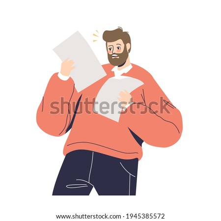 Shocked man reading paper document. Unhappy surprised cartoon male character hold bills and receipt. Frustrated guy reaction on bad news, financial problems or dismissal letter. Vector illustration