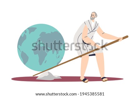 Man holding lever trying to lift earth with fulcrum. Cartoon male character lifting stone with efforts applying force and balance. Flat vector illustration