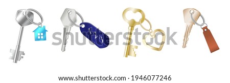 Keys on keychain. Realistic golden and silver keys on metal, plastic and leather keyring holders. 3d key rings and pendants set. Vector illustration