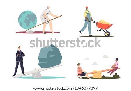 Seesaw, fulcrum and people set. Cartoon characters using simple fulcrum mechanism for lifting heavy stones, playing and carrying wheel barrow. Flat vector illustration