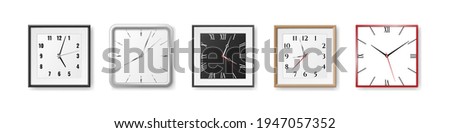 Realistic clocks set. Modern white square wall watch with white and black watch face and arrows. Deadline timer, classic office watches. 3d vector illustration