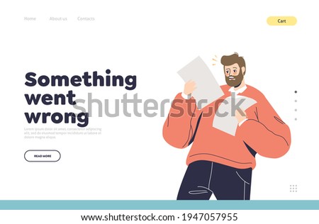 Negative shock emotion concept of landing page with shocked man reading paper document. Unhappy surprised cartoon business male character hold bills, receipt or dismissal letter. Vector illustration