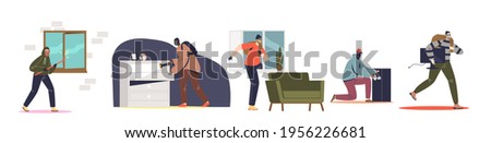 Set of burglars robbing houses and safes. Criminal men in masks housebreaking for robbery. Male robbers stealing from houses after breaking. Flat vector illustration