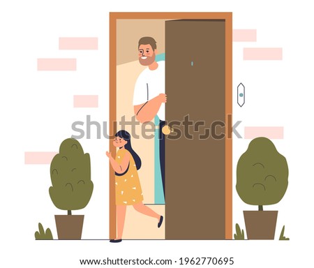 Father see off little girl going to school or outdoors. Dad standing at open front door at home looking at daughter leaving say goodbye. Cartoon flat vector illustration