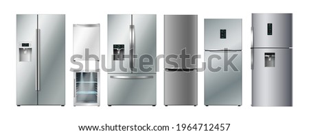 Modern fridges set. Realistic silver coolers, refrigerators of different size for home or restaurant kitchen and cold products storage. 3d vector illustration
