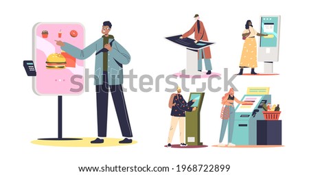 People using self service terminals, informational panels and contactless checkout service touch screens. Modern digital automation payment technology. Cartoon flat vector illustration