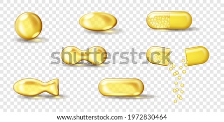 Golden oil capsule set. Realistic shiny medicine pills with gold yellow fish oil or omega 3 vitamin supplement isolated on transparent background. 3d vector illustration