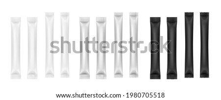 Realistic white and black sticks sachet. Long slim blank packaging set isolated. Drugs, coffee, salt, sugar, pepper, spices, candy wrappers template mockup. 3d vector illustration
