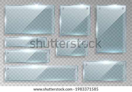 Set of realistic glass nameplates isolated on checkered background. Transparent panel plates or frames for placing name. 3d vector illustration Stockfoto © 