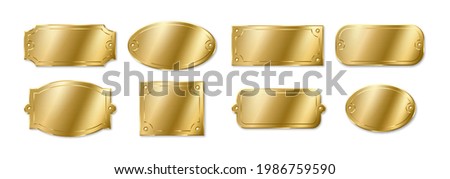 Gold or brass plates, golden name plaques mockup. Metal identification tags or badges, round, oval and rectangular frame for nameplate isolated on white background. Realistic 3d vector illustration