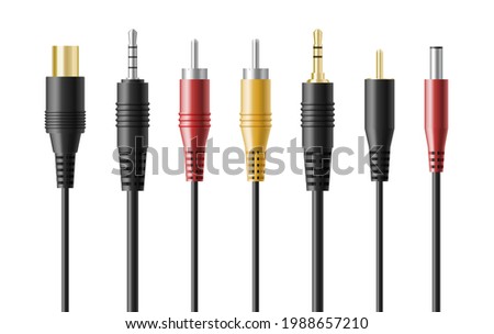 Realistic audio connector headphone plugs set. Adapter wire electronic speaker joint for smartphone and computer. 3d vector illustration