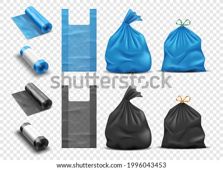 Realistic plastic bags for garbage set. Package for trash and rubbish with handle, full trashbag and packet rolls disposable pack. Vector illustration