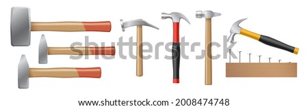 Set of realistic hammer and sledgehammers with rubber and wooden handles hitting nails in wood isolated on white background. Carpenter industry concept. 3d vector illustration